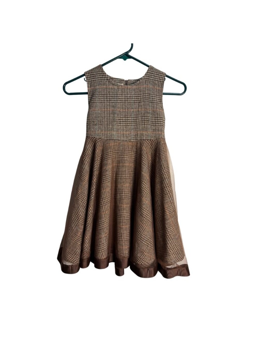 Girls Brown Plaid Sleeveless Dress Tulle Ribbon Trim Size 130